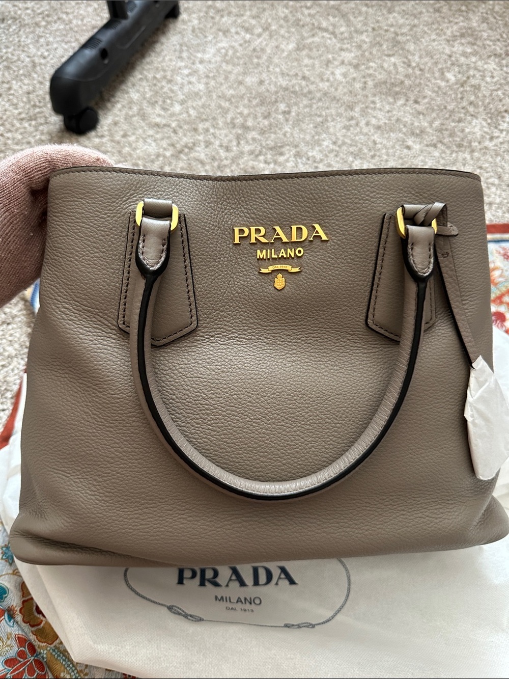 Prada Taupe Pebbled Leather Satchel with Gold Hardware